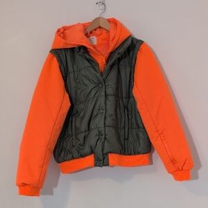 26 International Neon Orange Olive Green Puffer Vest Insulated Jacket Coat Sz XL